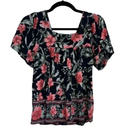 Lucky Brand Women's Short Sleeve Navy Floral Square Neck Top Size S GUC - Picture 1 of 8